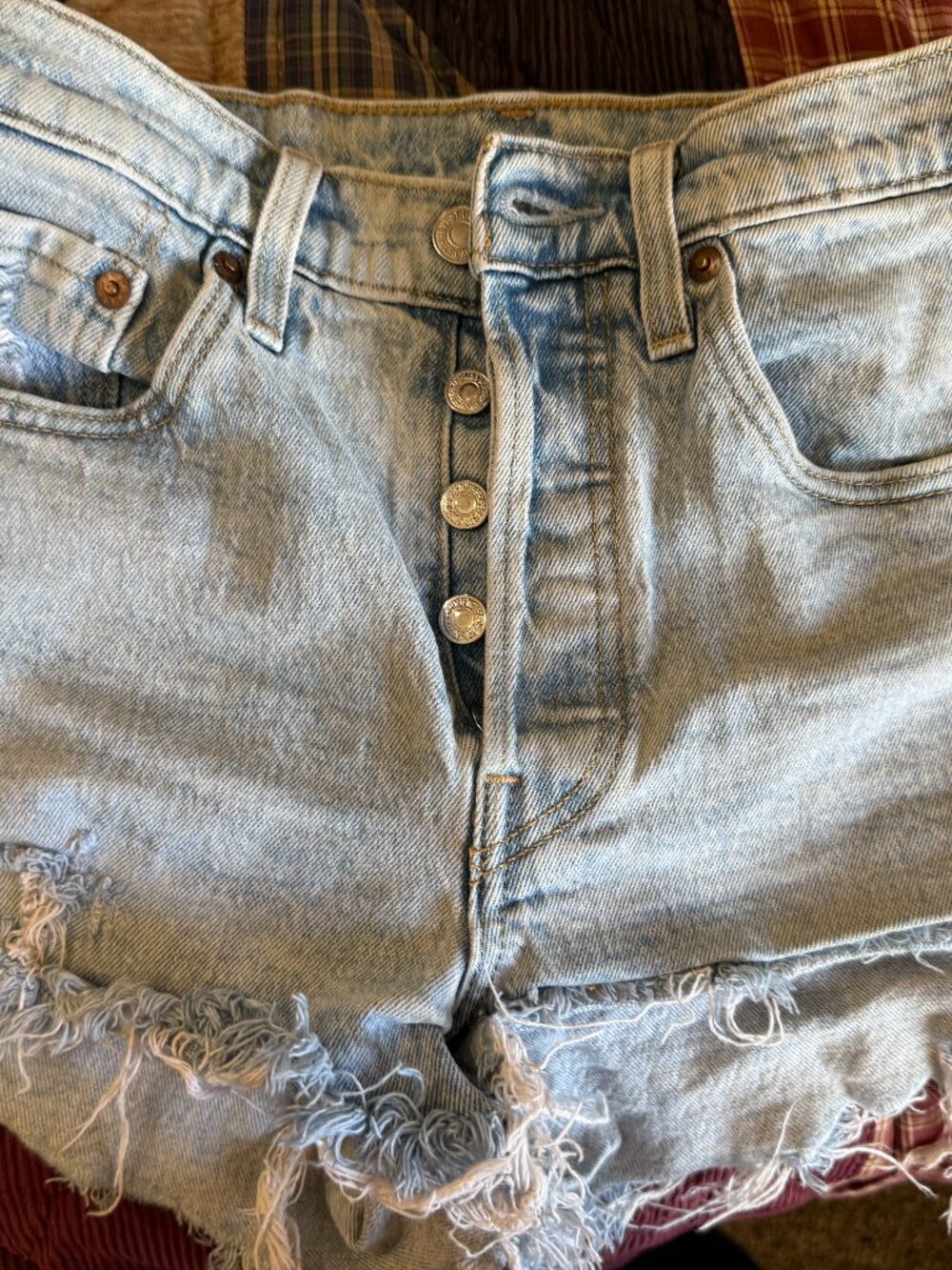 Levi's W26 Distressed Denim Shorts Utility Cargo Button Detail Frayed Hem
